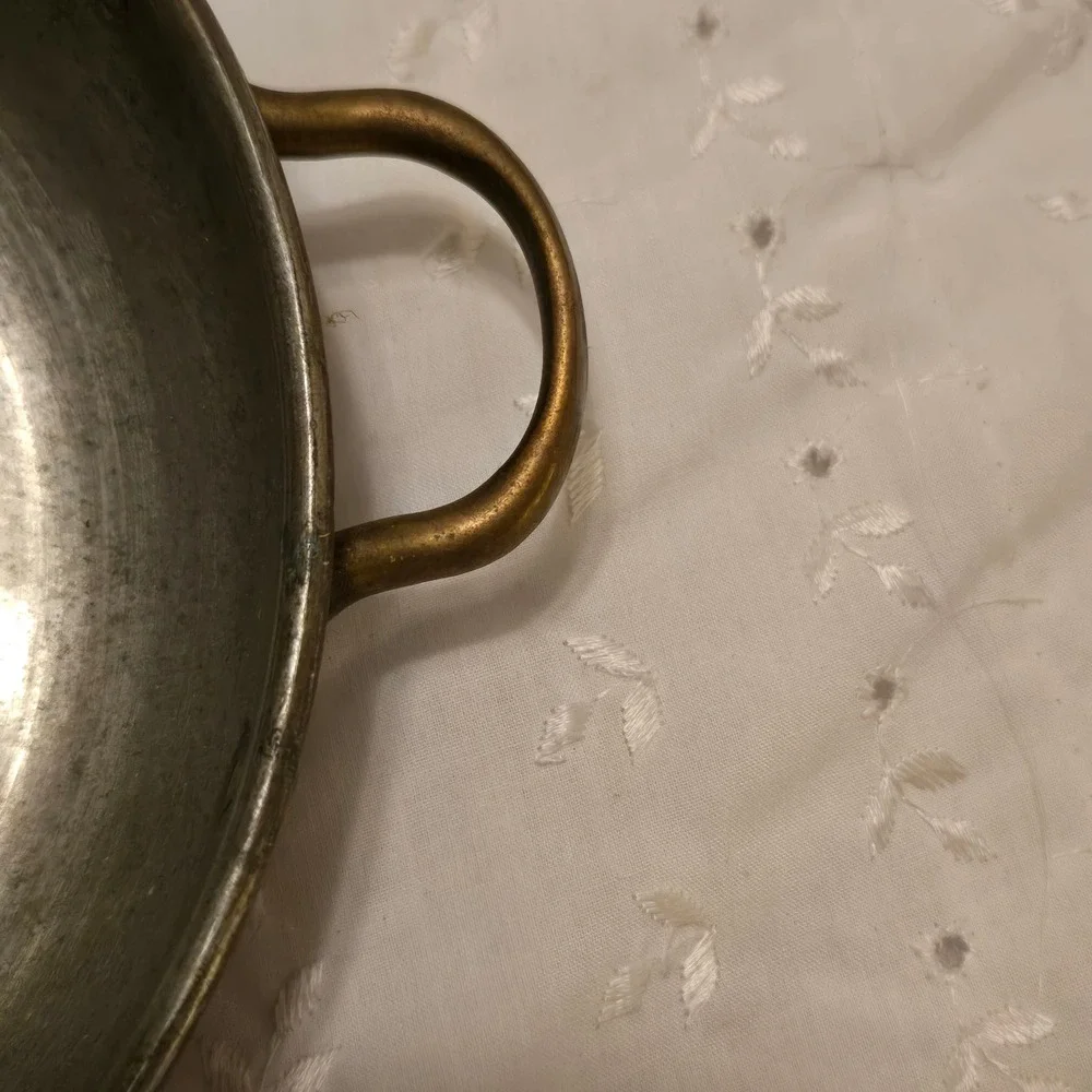 Vintage 8 Inch Round Copper Au Gratin Pan Dual Brass Handles Tinned Interior